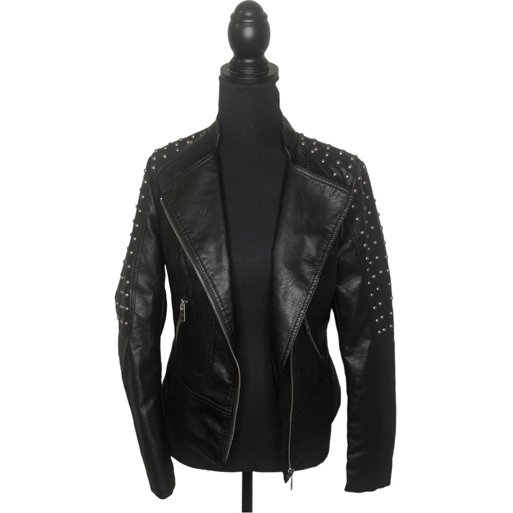 LA Coalition Black Vegan Leather PETA Approved Studded Moto Biker Jacket XS